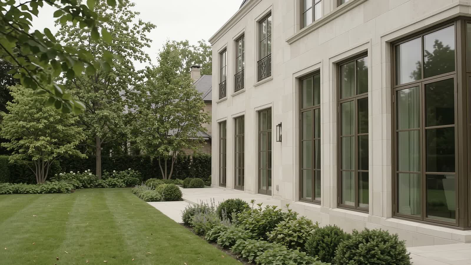 Illustrative limestone estate approached through a leafy garden in natural daylight