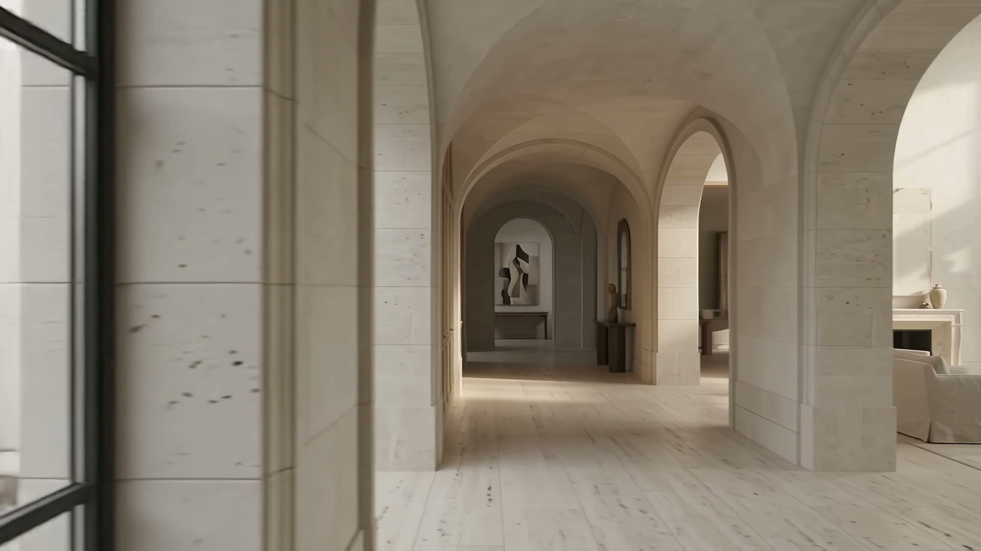 Illustrative limestone residential gallery opening toward a garden-facing salon