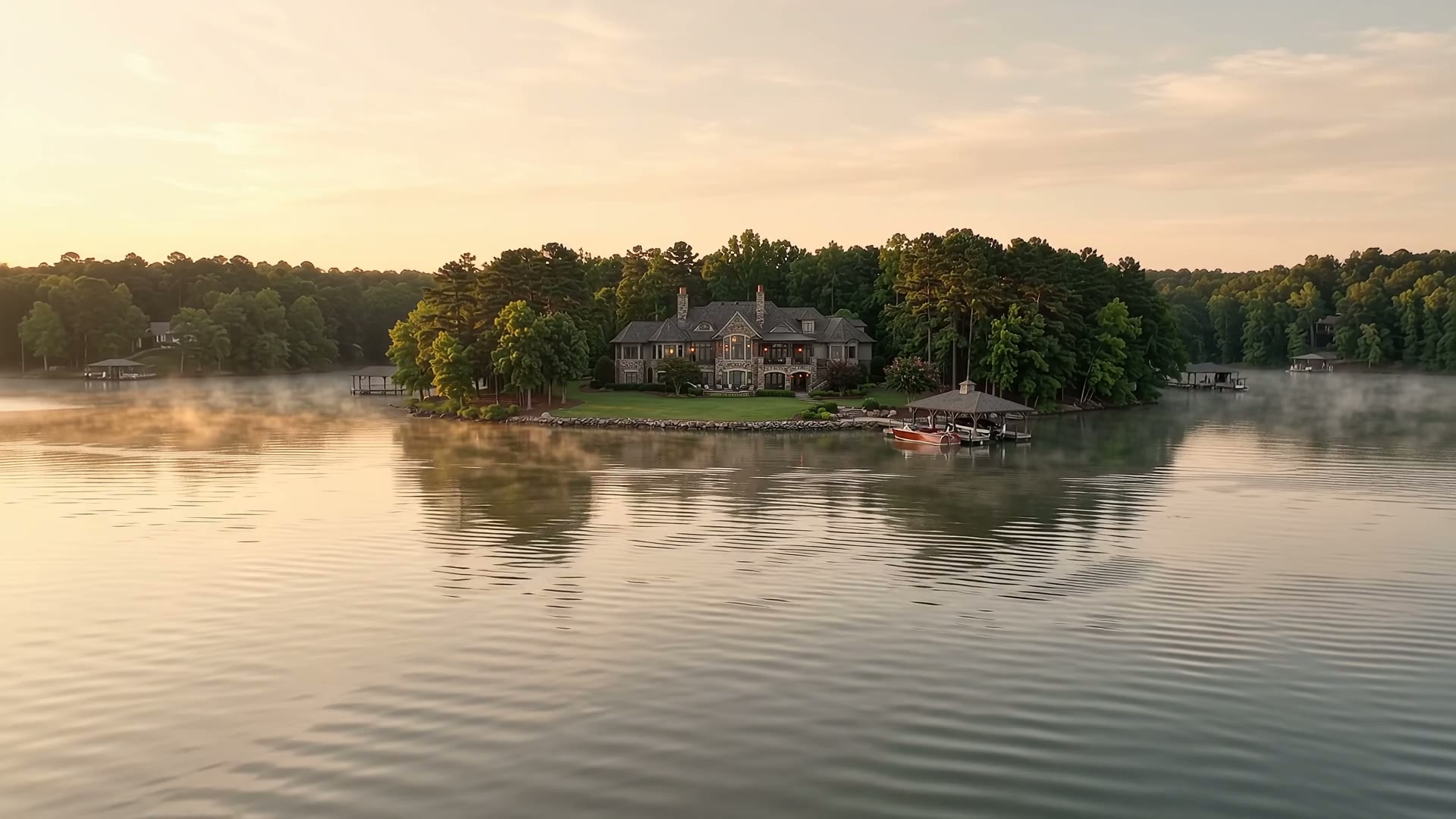 Illustrative aerial film over calm lake water at golden hour approaching a lakefront estate and private boat dock