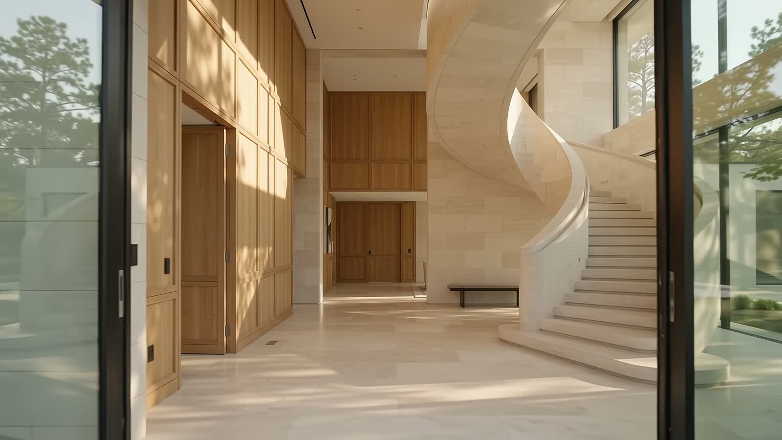 Illustrative residential gallery with a sculptural staircase and garden-facing living salon