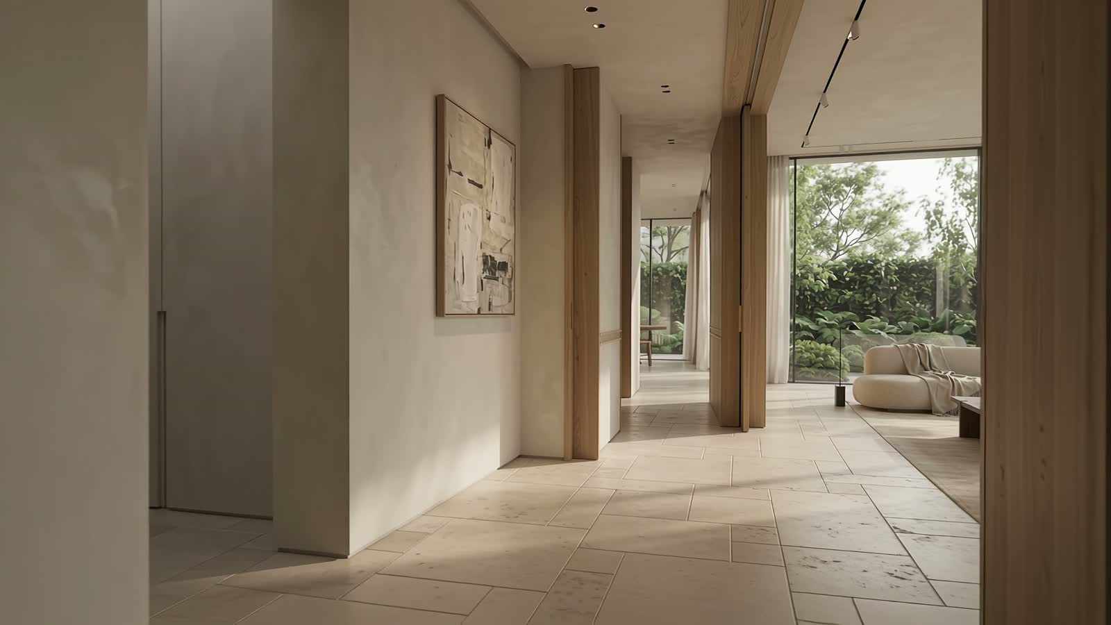 Illustrative residential gallery with limestone floors and oak joinery opening toward a garden-facing living room
