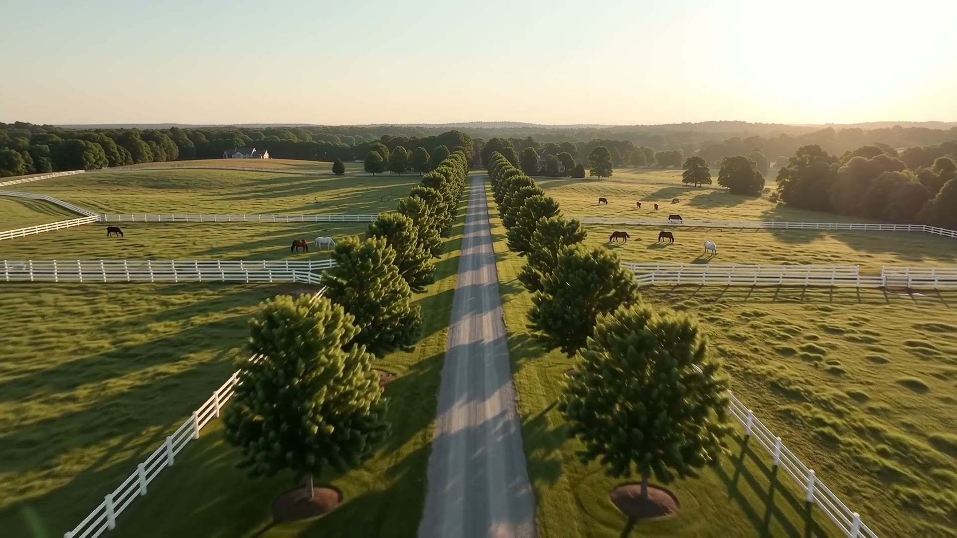 Illustrative aerial film over a stone manor with formal gardens and a private lake, rolling forest and distant mountains at golden hour